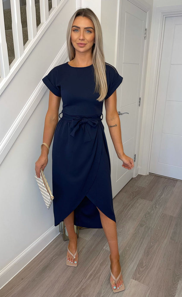 Madison Navy Short Sleeve Wrap Day Dress | Missfiga.com